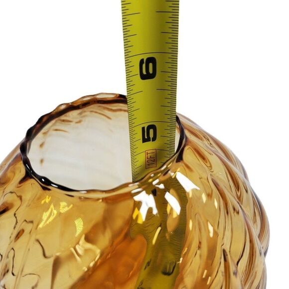 Vintage Hand Blown Art Swirled Glass Globe Round Amber Vase 5" Ruffled Edge Euc - Picture 6 of 6